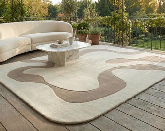 Hand Tufted Wool Area Rug Cream Taupe Organic Abstract Modern Luxury Home Decor
