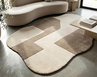 Hand Tufted Wool Rug, Abstract Geometric Carpet, Beige Brown