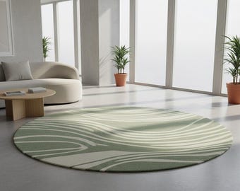 Handgetuft rond wollen vloerkleed, modern groen abstract golfontwerp