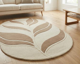 Handgetuft wollen ovaal vloerkleed, beigebruin abstract tapijt