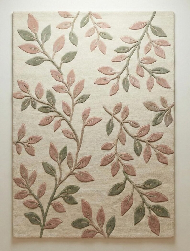 May include: A rectangular rug with a cream-colored background and a repeating pattern of stylized branches. The branches feature leaves in shades of pink and green, creating a soft, natural aesthetic. The rug's design is likely for a living room or bedroom.