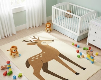 Deer Kids Rug | Tufted Nursery Carpet, Woodland Animal Decor