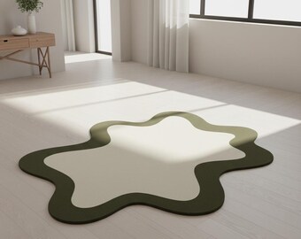 Hand Tufted Wool Rug, Irregular Organic Shape, Cream & Olive Green