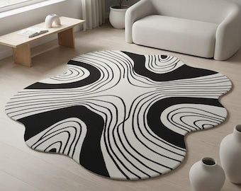 Alfombra irregular abstracta en blanco y negro, alfombra decorativa escandinava contemporánea para sala de estar.