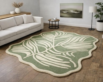 Groen vloerkleed met botanische bladeren, modern decor