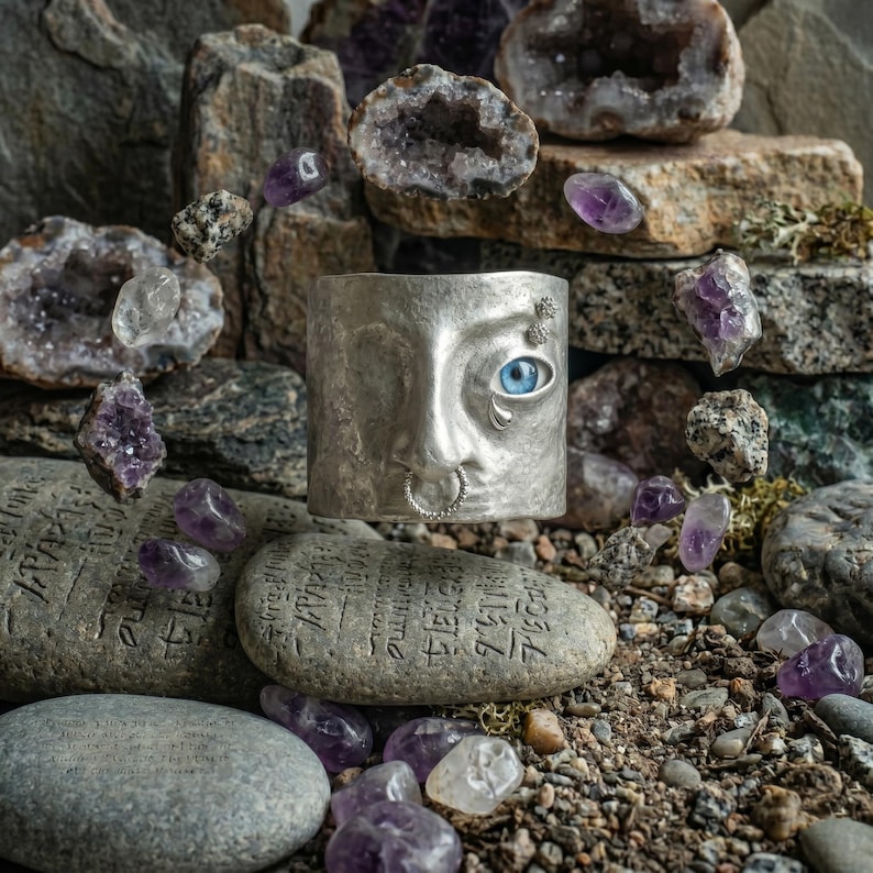 Op de afbeelding: Een zilveren manchetarmband met een gezichtsontwerp, met een blauw oog en een neusring. De armband is omgeven door amethistkristallen en geodes, tegen een achtergrond van rotsen en stenen.