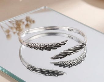 Sterlingzilveren verenarmband | Minimalistische verstelbare armband | Angel Wing-polsmanchet