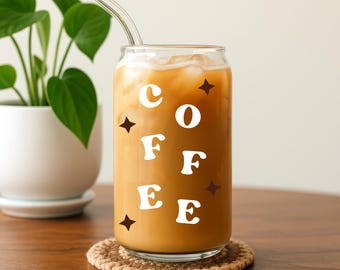 Retro COFFEE Glass Cup (20 oz) with Bamboo Lid & Straw
