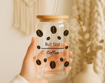 Bicchiere termico But First Coffee: coperchio in bambù e cannuccia, tazza per caffè freddo