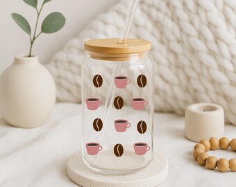 Vaso de vidrio para café helado con tapa de bambú y pajita - Coffee Bean Wrap