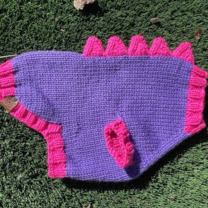 May include: Purple knitted sweater with pink trim and a pink dinosaur tail. The sweater has a small tag with the word "Handmade" on it.