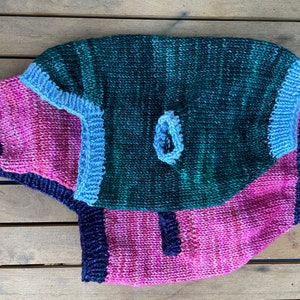 May include: A knitted dog sweater with a multi-coloured design. The sweater is pink, green, blue, and black. It has a hole for the dog's head and a hole for the dog's tail.