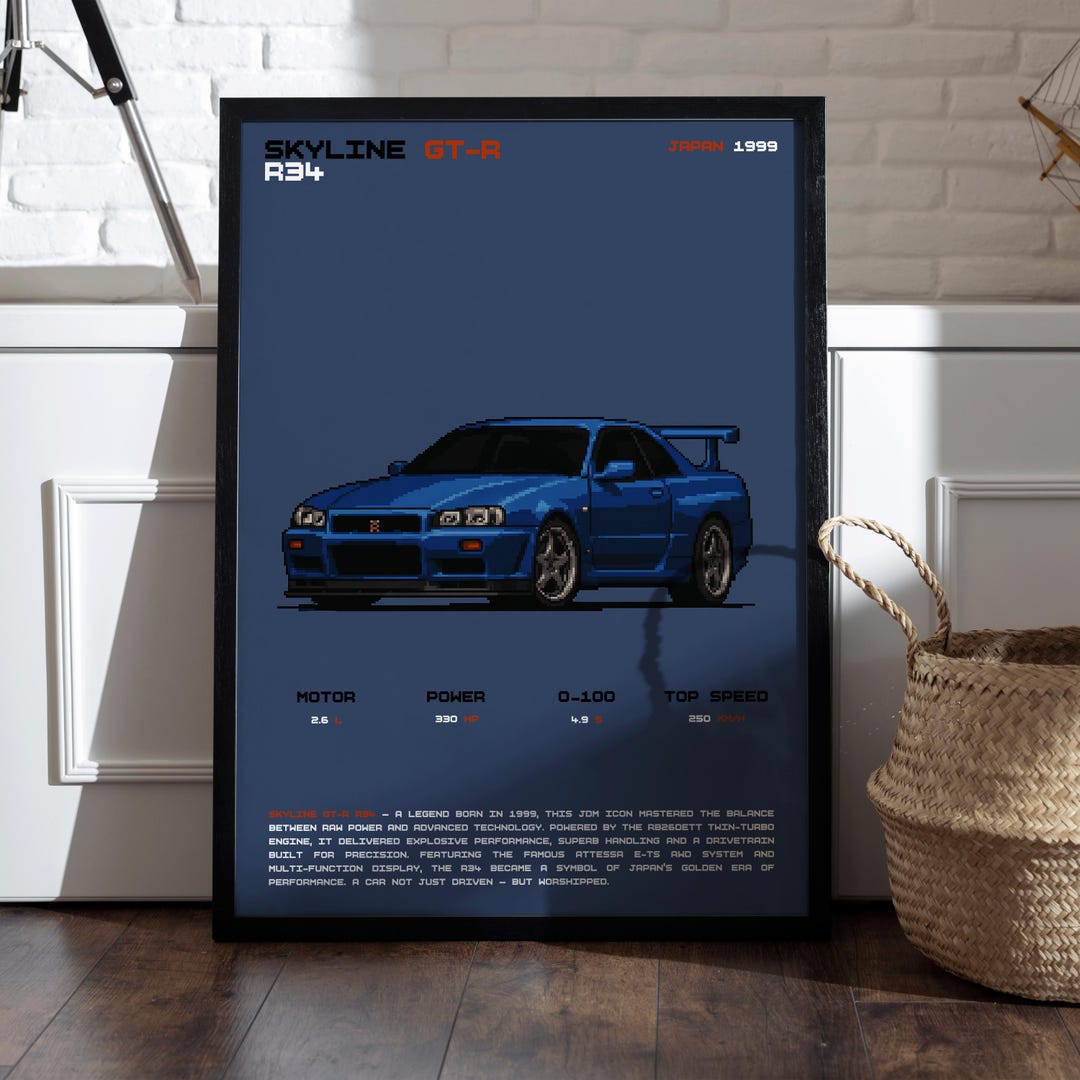Nissan Skyline R34 GT-R Pixel Art Poster | Retro JDM Wall Art | Classic ...