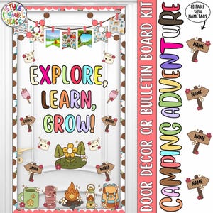 May include: A camping-themed bulletin board kit featuring a door display with the text EXPLORE, LEARN, GROW! The set includes colourful pennants, camping gear illustrations like a campfire and backpack, and editable wooden sign nametags.