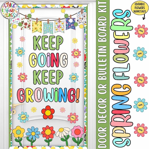 ¡Sigue adelante, sigue creciendo!: Kit de decoración para tablón de anuncios o puerta con temática de primavera y flores.