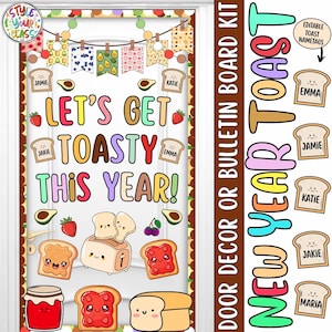 May include: A vibrant door decoration kit with a "Let's Get Toasty This Year!" theme. Features toast, avocado, and strawberry illustrations, plus editable name tags. Ideal for classroom or home decor.