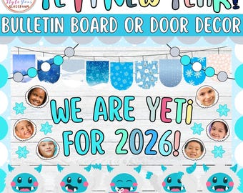 Kit bacheca invernale Yeti: decorazione per la porta dell'aula di Capodanno (download digitale)