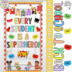 Puede incluir: Un kit de decoración para puertas de aula con temática de superhéroes que incluye el texto Every Student Is A Superhero! y Pow!, gráficos estilo cómic, capas, máscaras y cuatro niños ilustrados con trajes de superhéroe.