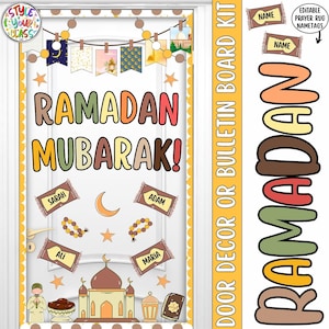 May include: A Ramadan Mubarak door decor kit with a festive design. The kit includes a large sign with colorful text, prayer rug nametags, and decorative elements like a crescent moon, stars, and a mosque illustration. The overall color scheme is warm, with shades of yellow, orange, and brown.
