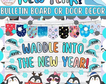 Penguin New Year Bulletin Board Kit: Winter Door Decor (digital ...