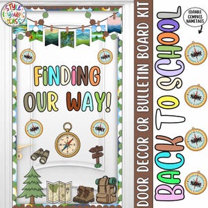 May include: A classroom door or bulletin board kit featuring a camping theme with the text "FINDING OUR WAY!" and "BACK TO SCHOOL". Includes illustrations of a compass, binoculars, a map, hiking boots, a backpack, a pine tree, and nametags.