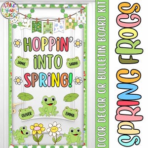 Op de afbeelding: Een kleurrijke deurdecoratieset met een lentethema. Het ontwerp bevat de tekst "Hoppin' into Spring!" in verschillende kleuren, evenals kikkerillustraties, bloemen en naamlabels. De set is ontworpen voor een deur of prikbord.
