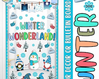 May include: A winter-themed door decor kit with the words "Winter Wonderland!" in colorful letters. The design includes snowflakes, gnomes, a snowman, and winter hats. The kit is designed for a door or bulletin board.