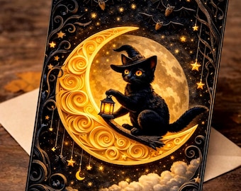 Halloween Black Cat Card, Witch Moon Scene, Spooky Greeting (2D Card)