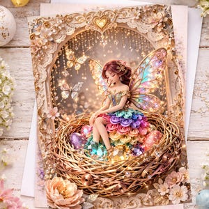 Spring Fairy Card Colourful Pixie in Nest 2D Gift for Granddaughter