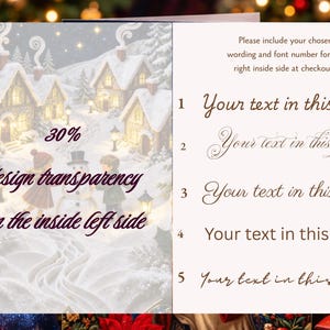May include: A Christmas card with a winter village scene, featuring snow-covered houses and a snowman. Text on the left side reads "30% design transparency on the inside left side." The right side has font options for personalized text.