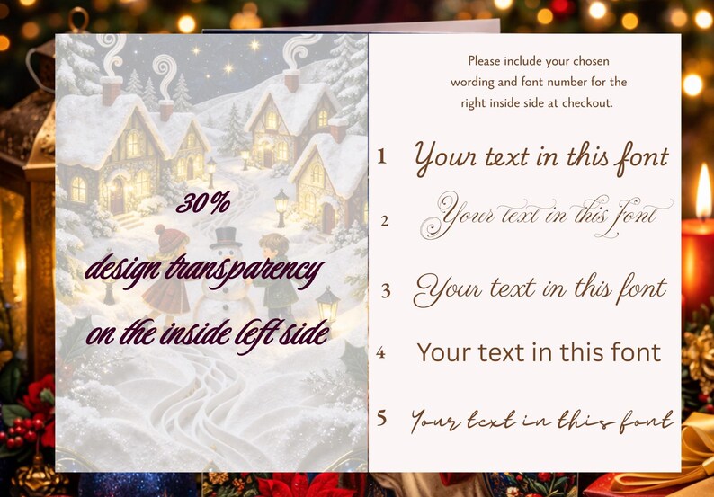 May include: A Christmas card with a winter village scene, featuring snow-covered houses and a snowman. Text on the left side reads "30% design transparency on the inside left side." The right side has font options for personalized text.
