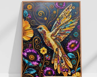 Modern Hummingbird Floral Canvas Wall Art Colourful Floral Design Botanical Framed Unframed Gift