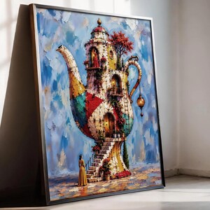 May include: A framed painting depicting a large, multi-coloured teapot shaped like a multi-storey building with balconies, windows, and a staircase. A figure in a yellow dress stands at the base of the teapot structure against a blue sky background.