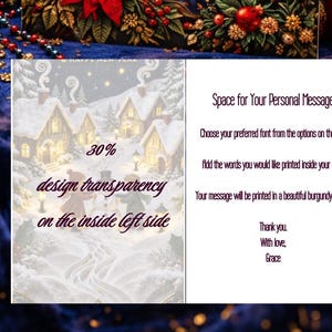 May include: A Christmas card with a winter village scene, featuring snow-covered houses and figures. The card includes text about design transparency and space for a personal message, printed in burgundy. The card is on a dark blue background.