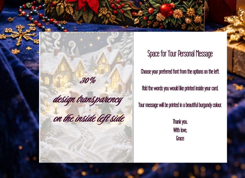May include: A Christmas card with a winter village scene, featuring snow-covered houses and figures. The card includes text about design transparency and space for a personal message, printed in burgundy. The card is on a dark blue background.