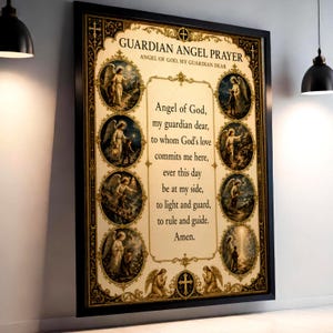 Guardian Angel Prayer Print, Catholic Nursery Art, Illuminated Manuscript Style (Framed Canvas)