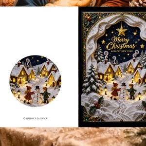 May include: A Christmas card with a winter village scene. The card features a detailed illustration of snow-covered houses, children building a snowman, and the text "Merry Christmas & Happy New Year". The card is framed with decorative elements.