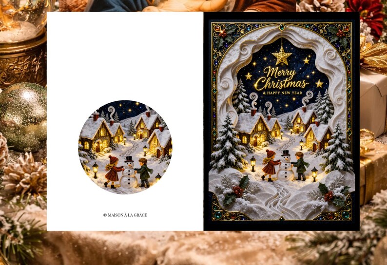 May include: A Christmas card with a winter village scene. The card features a detailed illustration of snow-covered houses, children building a snowman, and the text "Merry Christmas & Happy New Year". The card is framed with decorative elements.