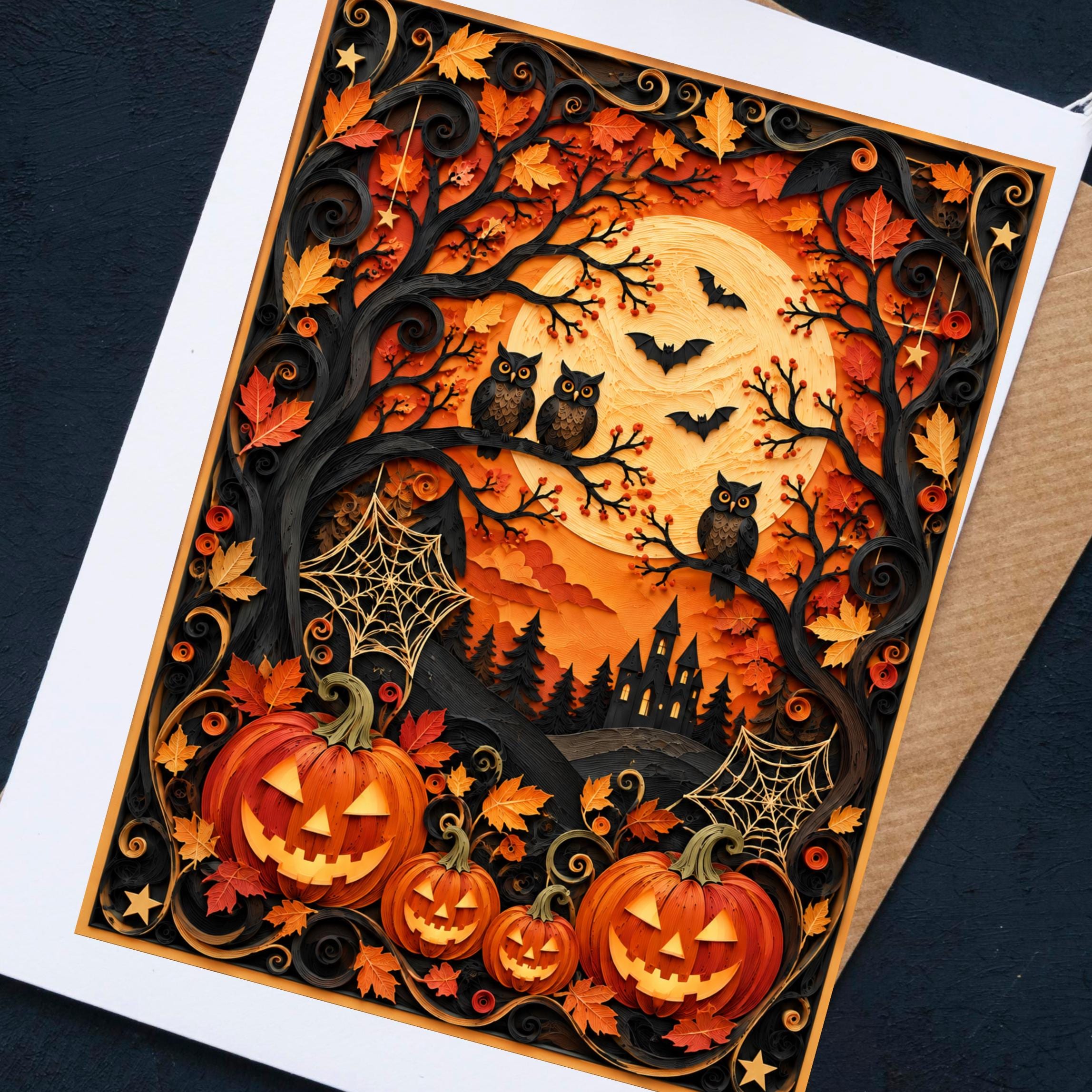 Personalised Owl Halloween Card, Spooky Forest Moonlit Night, 2D Gothic Pumpkin Art Print