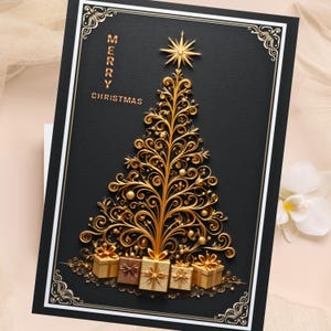 May include: A rectangular greeting card with a black background featuring a gold filigree Christmas tree design. The text MERRY CHRISTMAS is printed in gold. At the base of the tree are five small gold and brown gift boxes with ribbons.
