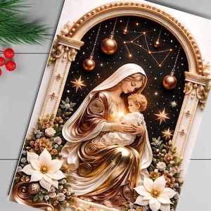 May include: A decorative print featuring a woman in flowing gold and white robes holding a child. The scene is framed by an ornate archway adorned with white poinsettias, gold ornaments, and a dark starry background with constellations.