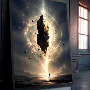 May include: A framed wall art print depicting a dark, jagged, floating rock formation suspended in a glowing golden light. Concentric rings of light radiate from the center, while a small silhouette stands on a dark landscape below the object.