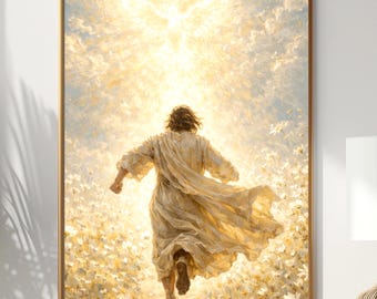 Jesus Running to Light Framed Art Print – Christian Catholic Religious Decor Framed A4, A5