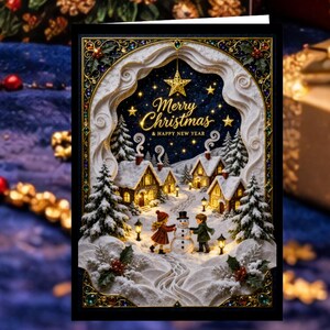 May include: A Christmas card with a detailed winter village scene. The card features a snowy landscape with houses, trees, and children with a snowman. The text "Merry Christmas & Happy New Year" is displayed in elegant script.