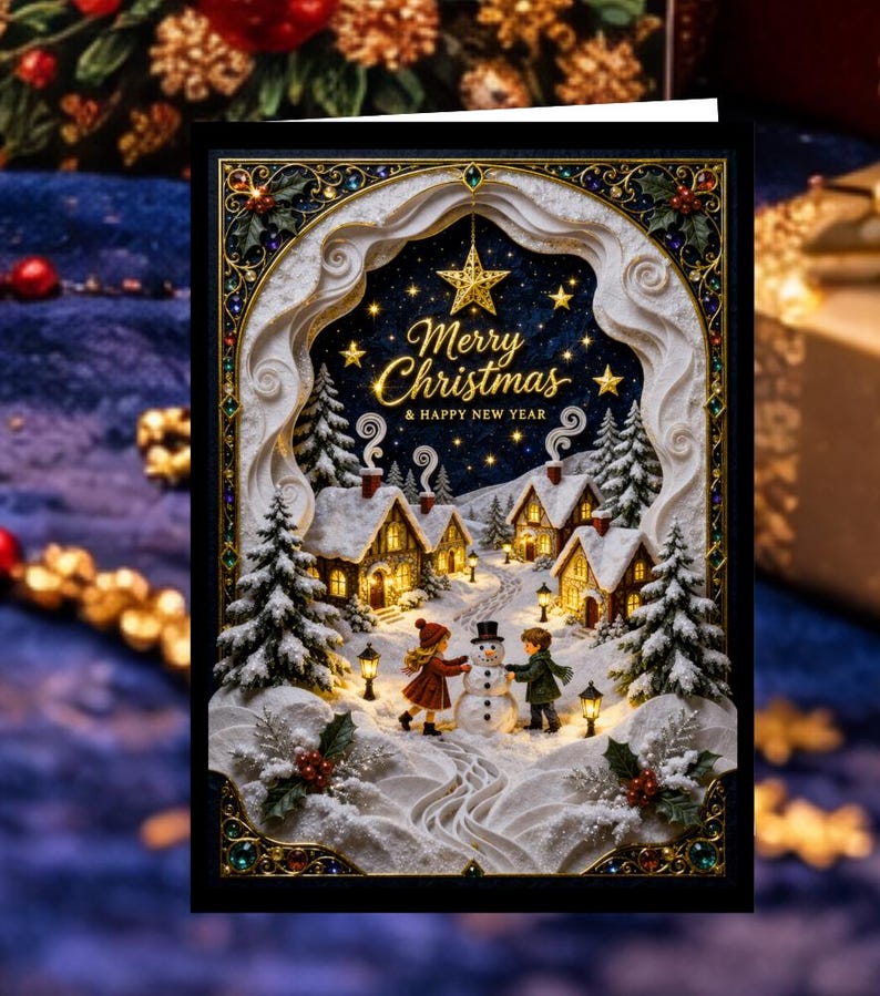 May include: A Christmas card with a detailed winter village scene. The card features a snowy landscape with houses, trees, and children with a snowman. The text "Merry Christmas & Happy New Year" is displayed in elegant script.