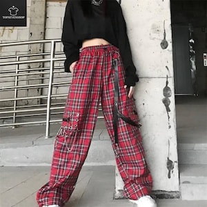 Red Plaid Wide Leg Cargo Pants | Baggy Streetwear Trousers | Punk Grunge Harajuku Pants for Women