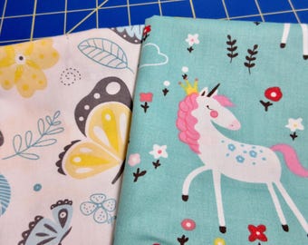Fabric Fat Quarter 2 pack bundle Butterflys Rainbows Unicorns