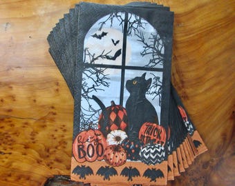 Paper Napkins Cocktail Luncheon Dinner Party Guest Decoupage Black Cat Halloween