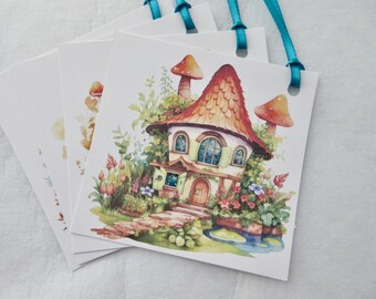 Fairy Elf House (2) Thank You, Wedding, Birthday, Hang Tags Junk Journal Ephemera Card Inserts Bookmark Lot of 4