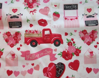 Fabric Cotton Valentine Hearts Red Trucks Flowers 1/2 yard